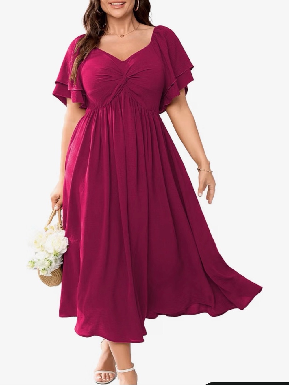 Plus Size Flutter Sleeve Midi Dress in Raspberry - Elegant Gathered Bust